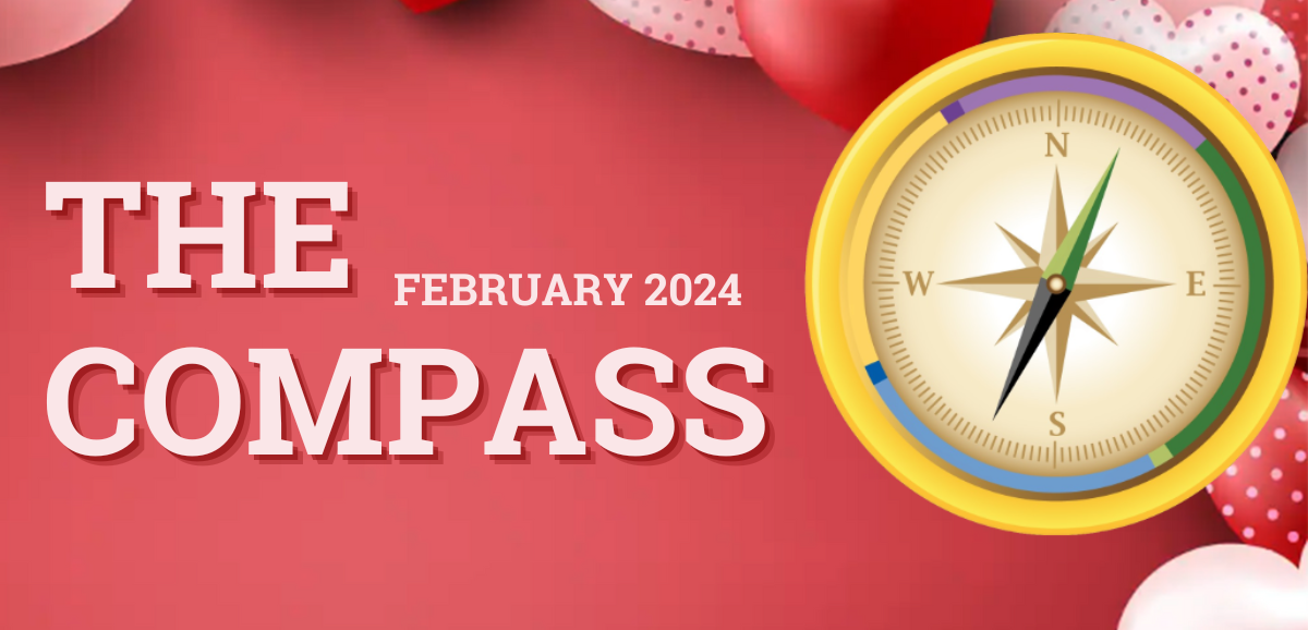 Red background image with red and pink hearts, some with polka dots, outlining the top and right side of the image. Text on image "THE COMPASS FEBRUARY 2024." Pathfinder's branded graphic is on the right of the image.
