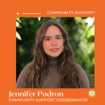 A professional profile image featuring Jennifer Padron, identified as the Multicultural Services Coordinator. Jennifer has long, straight, dark brown hair with lighter highlights and a warm, friendly smile. She is wearing an olive-green sweater. The background is an outdoor setting with lush green foliage and softly blurred white flowers. The image is framed within a vibrant orange border with "MULTICULTURAL SERVICES" written in white capital letters at the top. Below her image, her name, "Jennifer Padron," is displayed in large white serif font, followed by "MULTICULTURAL SERVICES COORDINATOR" in a smaller, uppercase sans-serif font. A gold compass emblem is positioned in the bottom right corner.