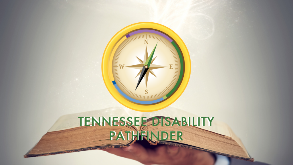 Open book with pages fanned out, resting on a hand. Above the book floats a glowing Tennessee Disability Pathfinder compass logo, surrounded by a soft swirl of light, symbolizing guidance and knowledge.