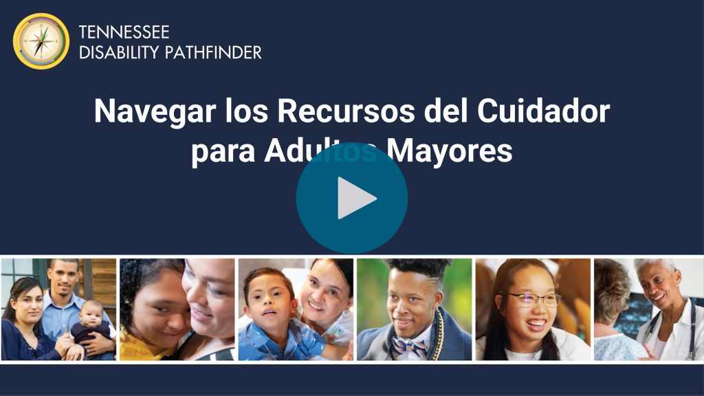 A Tennessee Disability Pathfinder webinar graphic in dark green with angled geometric accents and a city buildings texture. Top left: Pathfinder compass logo with text “TENNESSEE DISABILITY PATHFINDER.” Main title in large white text: “Navegar los recursos del cuidador para adultos mayores.”