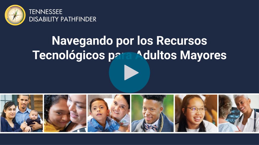 A Tennessee Disability Pathfinder webinar graphic in dark green with angled geometric accents and a city buildings texture. Top left: Pathfinder compass logo with text “TENNESSEE DISABILITY PATHFINDER.” Main title in large white text: “Navegando por los Recursos Tecnológicos para Adultos Mayores .”
