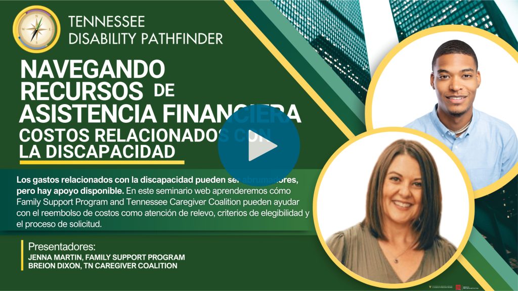 A Tennessee Disability Pathfinder webinar graphic in dark green with angled geometric accents and a city buildings texture. Top left: Pathfinder compass logo with text “TENNESSEE DISABILITY PATHFINDER.” Main title in large white text: “Navegando por los Recursos de Asistencia Financiera para los Costos Relacionados con la Discapacidad .”