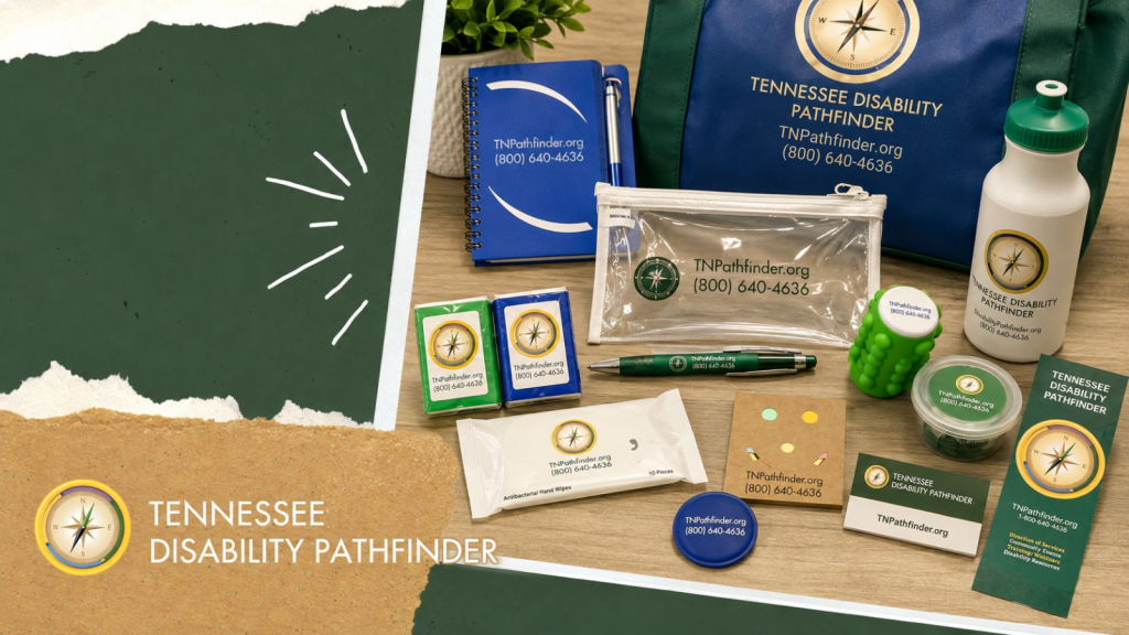 Promotional graphic for Tennessee Disability Pathfinder featuring an updated display of branded outreach items arranged on a light wood surface. Items include a blue spiral notebook, pens, clear zipper pouch, green textured stress item, green and blue tissue packs, antibacterial wipes, stress putty, business cards, bookmark, water bottle, and a blue-and-green Pathfinder bag. The design uses Pathfinder’s green, blue, gold, and white color palette with torn-paper accents and the Tennessee Disability Pathfinder name and compass logo displayed on the left.